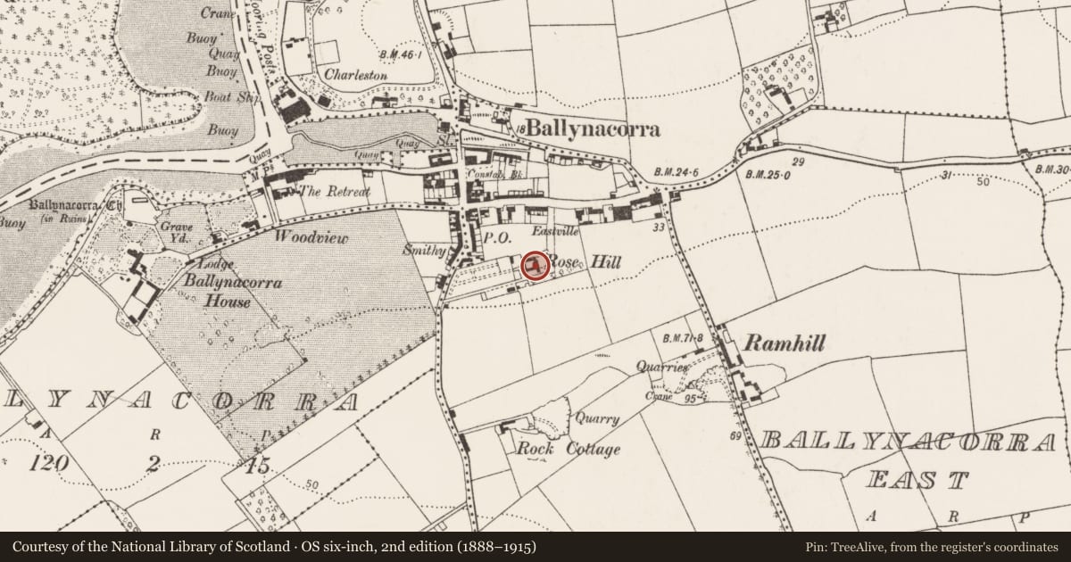 Ordnance Survey six-inch map, 2nd edition (1888–1915) covering the location of Country house, Ballynacorra West, County Cork, with a pin at the register's coordinates