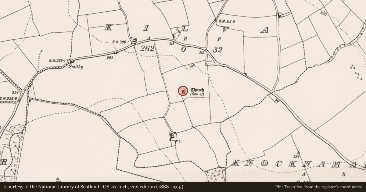 Ordnance Survey six-inch map, 2nd edition (1888–1915) covering the location of Church, Kilva, County Cork, with a pin at the register's coordinates