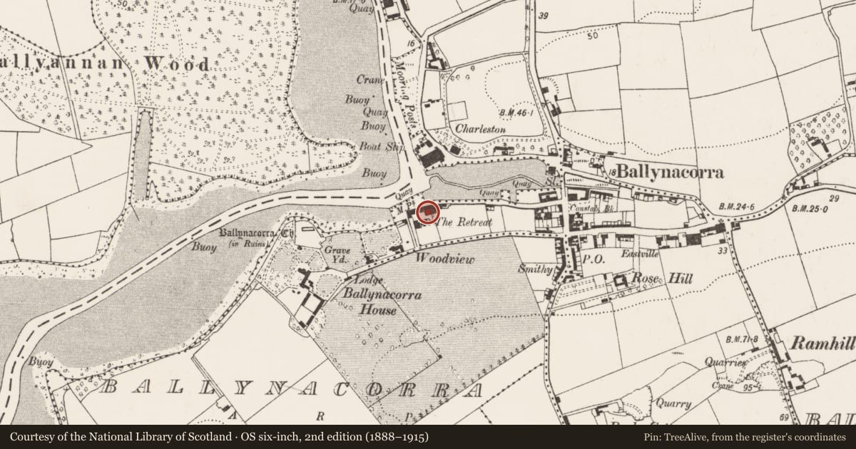 Ordnance Survey six-inch map, 2nd edition (1888–1915) covering the location of Maltings, Ballynacorra West, County Cork, with a pin at the register's coordinates