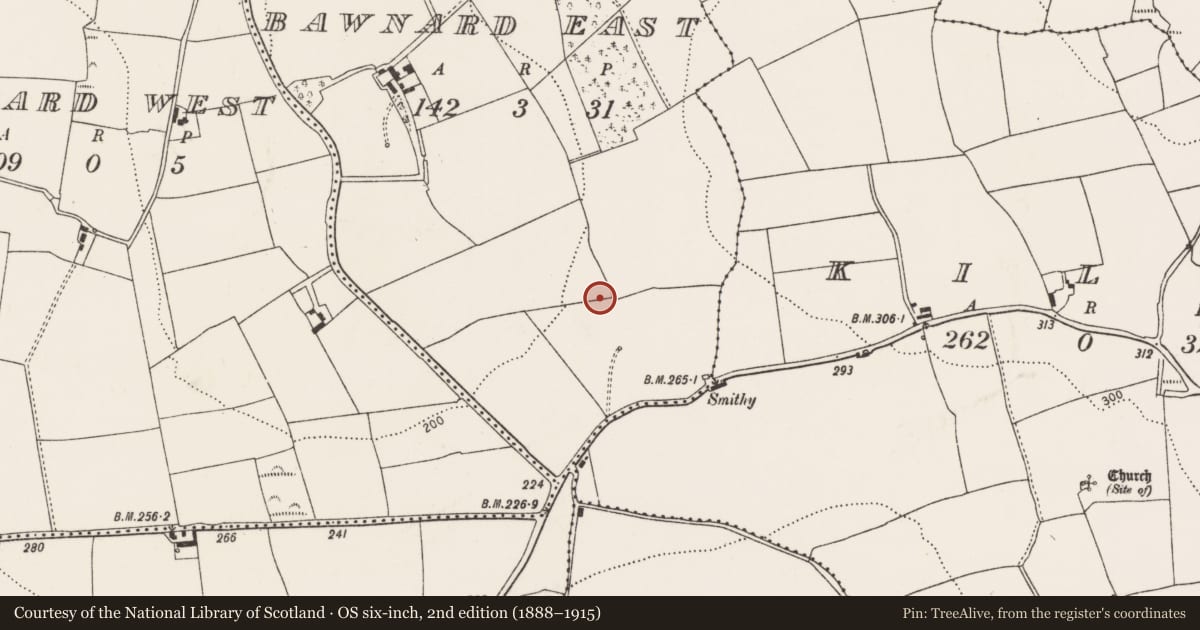 Ordnance Survey six-inch map, 2nd edition (1888–1915) covering the location of Fulacht fia, Bawnard East, County Cork, with a pin at the register's coordinates