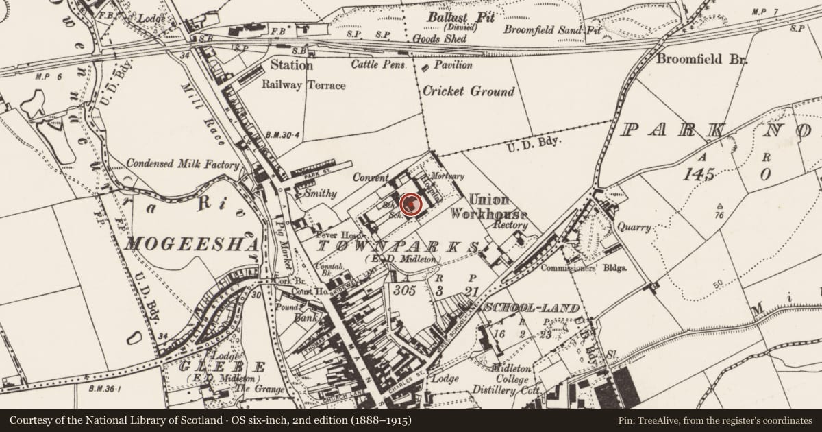 Ordnance Survey six-inch map, 2nd edition (1888–1915) covering the location of Workhouse, Townparks (Imokilly By., Middleton Par.), County Cork, with a pin at the register's coordinates