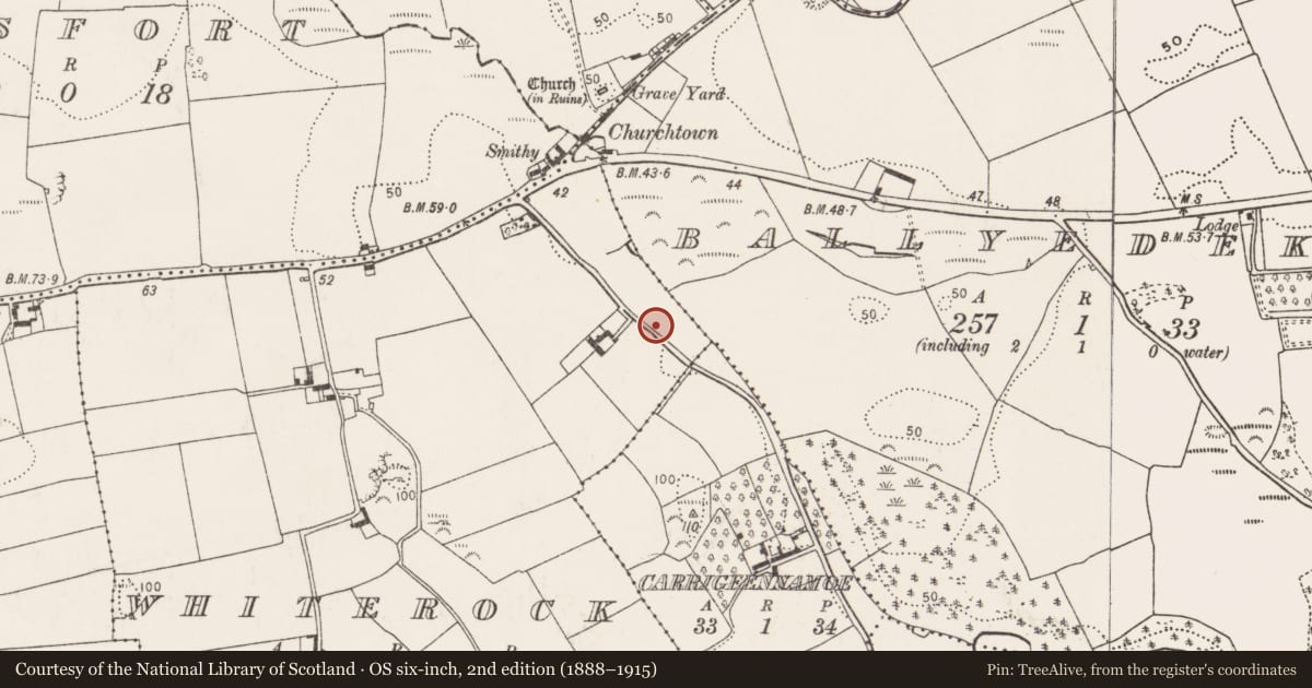 Ordnance Survey six-inch map, 2nd edition (1888–1915) covering the location of Fulacht fia, Whiterock, County Cork, with a pin at the register's coordinates