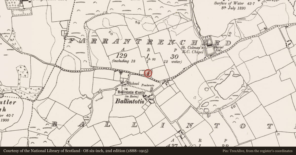 Ordnance Survey six-inch map, 2nd edition (1888–1915) covering the location of House - vernacular house, Farrantrenchard, County Cork, with a pin at the register's coordinates