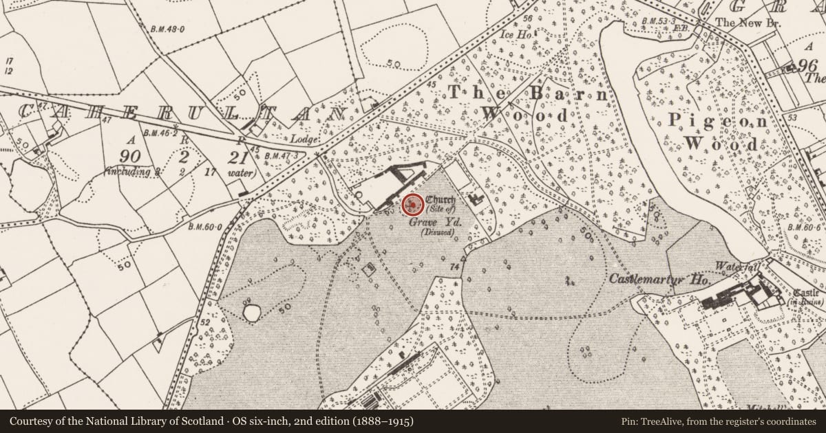 Ordnance Survey six-inch map, 2nd edition (1888–1915) covering the location of Church, Castlemartyr (Imokilly By., Ballyoughtera Par.), County Cork, with a pin at the register's coordinates
