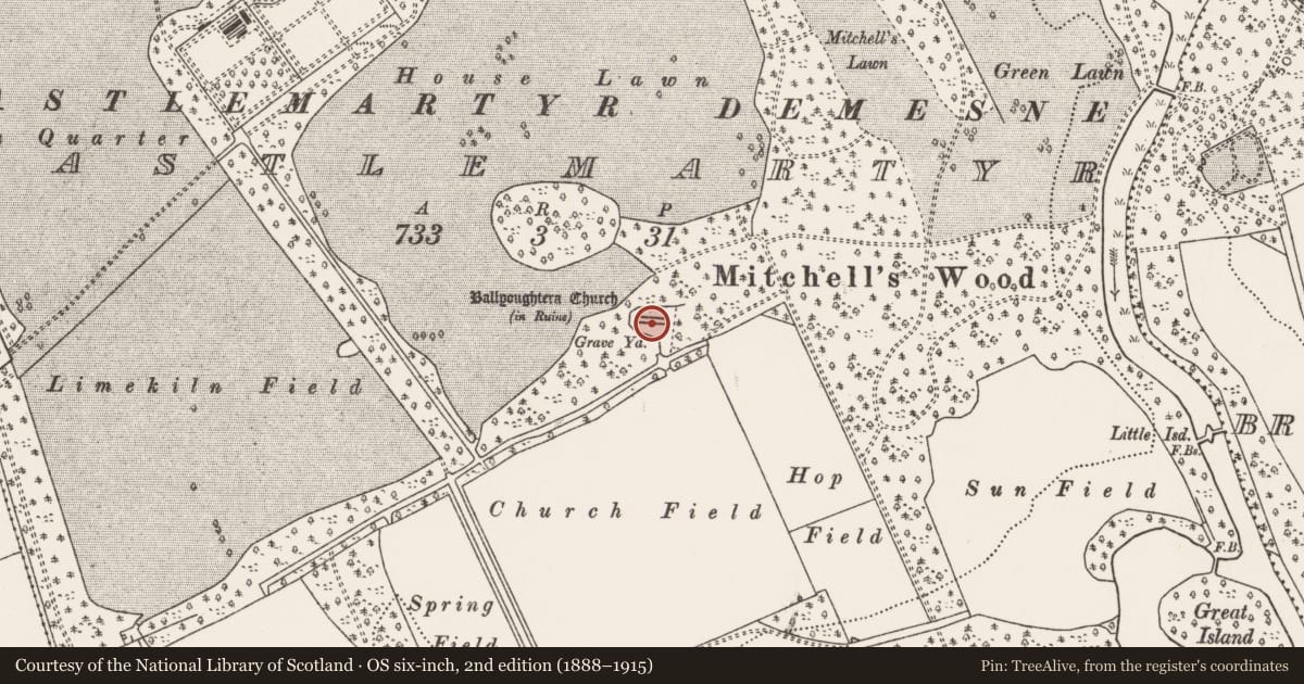 Ordnance Survey six-inch map, 2nd edition (1888–1915) covering the location of Church, Castlemartyr (Imokilly By., Ballyoughtera Par.), County Cork, with a pin at the register's coordinates