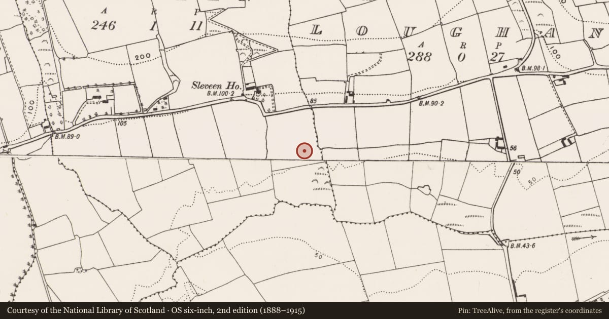 Ordnance Survey six-inch map, 2nd edition (1888–1915) covering the location of Fulacht fia, Sleveen, County Cork, with a pin at the register's coordinates
