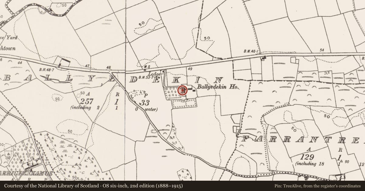 Ordnance Survey six-inch map, 2nd edition (1888–1915) covering the location of Country house, Ballyedekin, County Cork, with a pin at the register's coordinates
