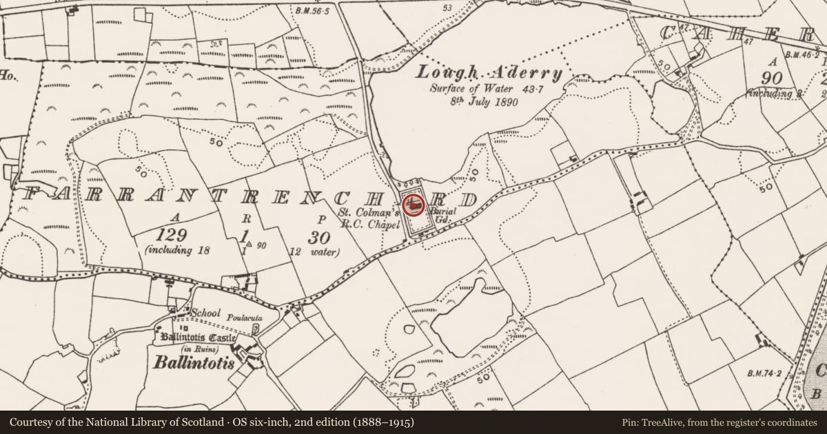 Ordnance Survey six-inch map, 2nd edition (1888–1915) covering the location of Church, Farrantrenchard, County Cork, with a pin at the register's coordinates
