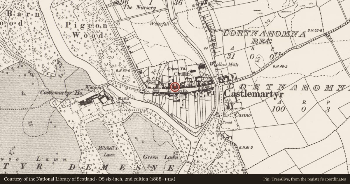 Ordnance Survey six-inch map, 2nd edition (1888–1915) covering the location of Market-house, Castlemartyr (Imokilly By., Mogeely Par.), County Cork, with a pin at the register's coordinates