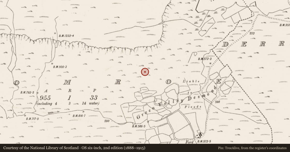 Ordnance Survey six-inch map, 2nd edition (1888–1915) covering the location of Hut site, Coomroe, County Cork, with a pin at the register's coordinates