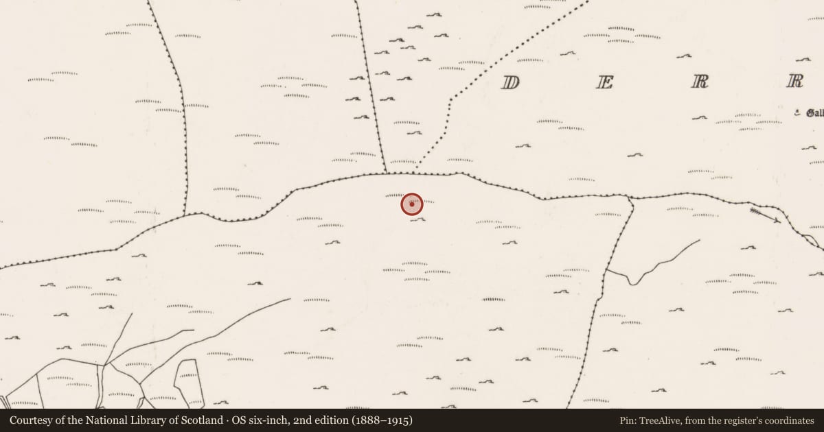 Ordnance Survey six-inch map, 2nd edition (1888–1915) covering the location of Field boundary, Dooneens (Muskerry West By., Inchigeelagh Par.), County Cork, with a pin at the register's coordinates