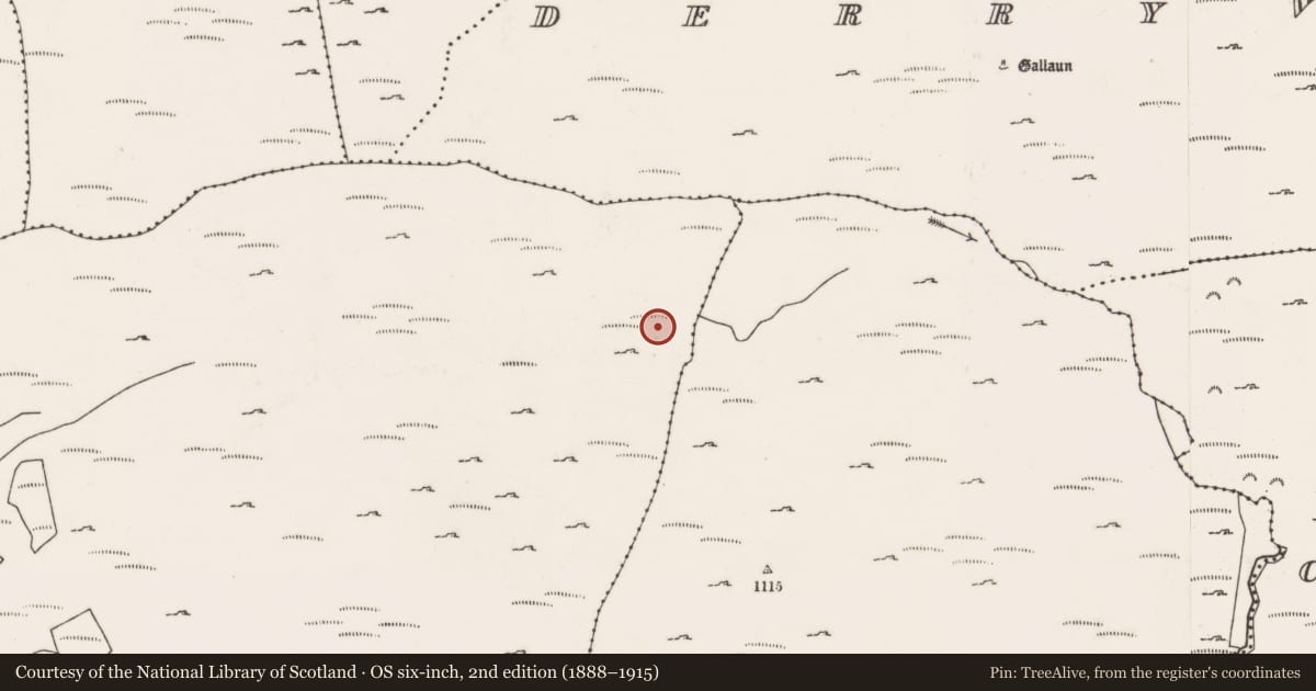 Ordnance Survey six-inch map, 2nd edition (1888–1915) covering the location of Field boundary, Dooneens (Muskerry West By., Inchigeelagh Par.), County Cork, with a pin at the register's coordinates
