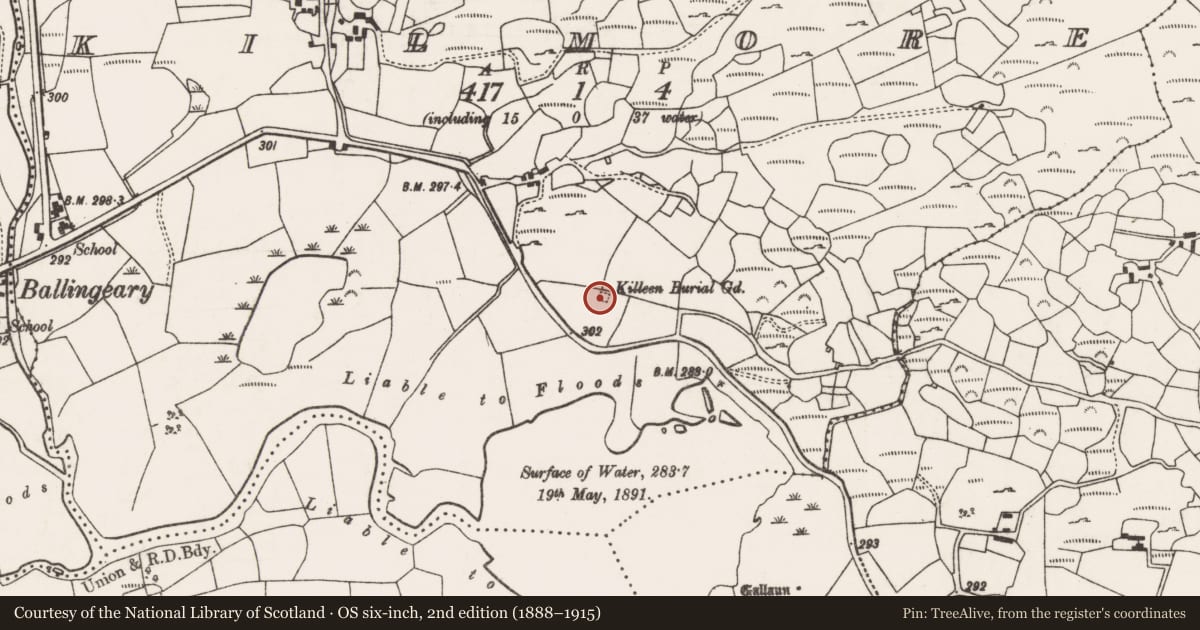 Ordnance Survey six-inch map, 2nd edition (1888–1915) covering the location of Burial ground, Kilmore, County Cork, with a pin at the register's coordinates