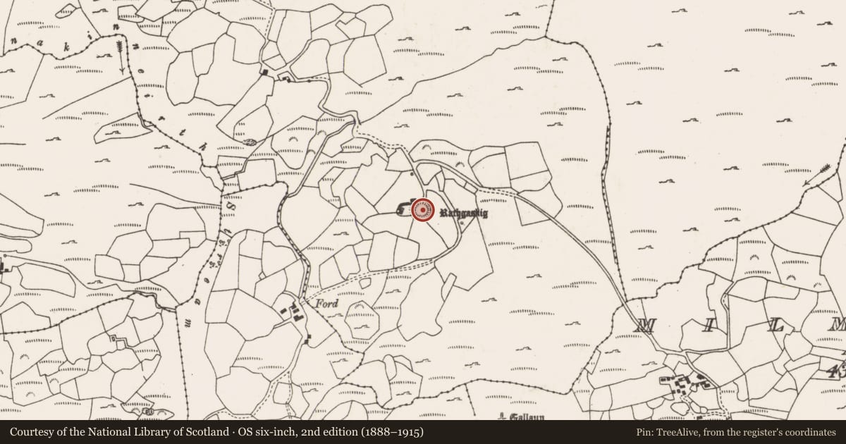 Ordnance Survey six-inch map, 2nd edition (1888–1915) covering the location of Souterrain, Ráth Ghaiscígh, County Cork, with a pin at the register's coordinates