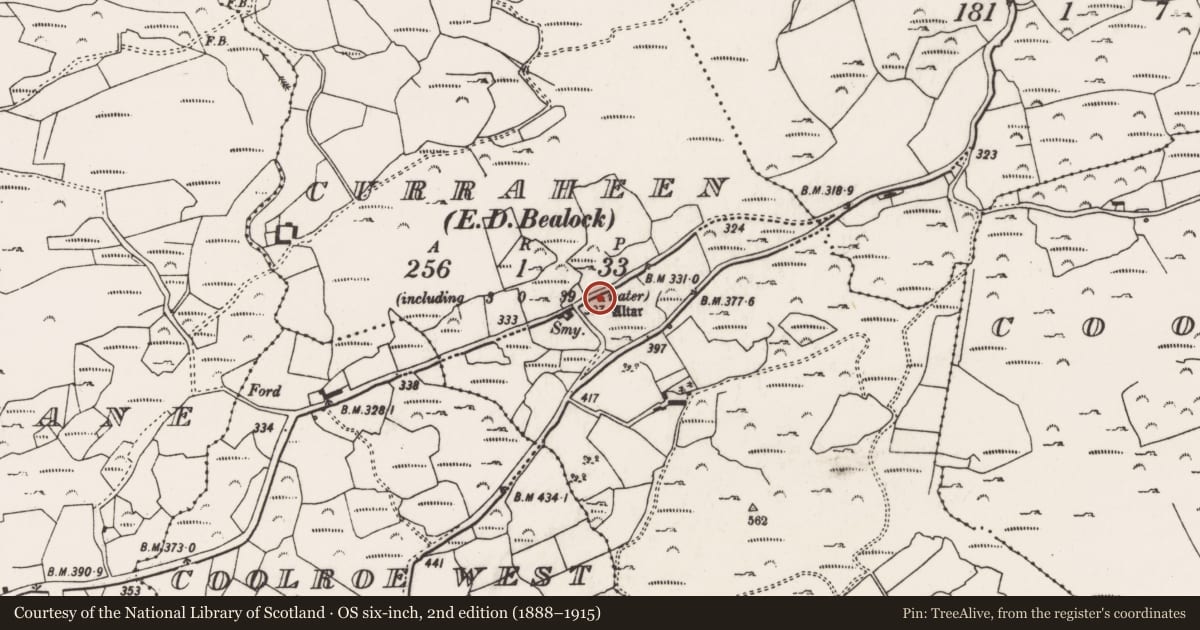 Ordnance Survey six-inch map, 2nd edition (1888–1915) covering the location of Mass-rock, Curraheen (Muskerry West By., Inchigeelagh Par.), County Cork, with a pin at the register's coordinates