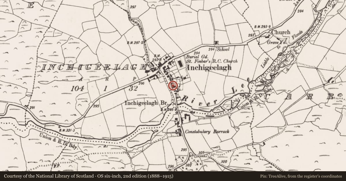 Ordnance Survey six-inch map, 2nd edition (1888–1915) covering the location of Church, Carrigleigh (Muskerry West By., Inchigeelagh Par.), County Cork, with a pin at the register's coordinates