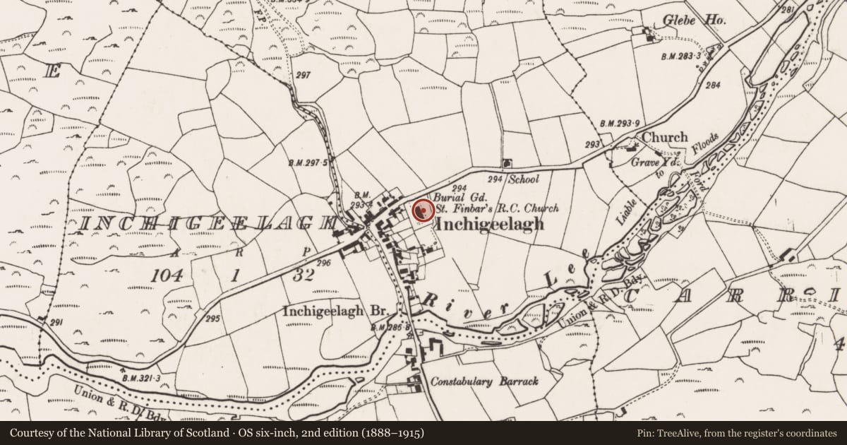 Ordnance Survey six-inch map, 2nd edition (1888–1915) covering the location of Graveyard, Carrigleigh (Muskerry West By., Inchigeelagh Par.), County Cork, with a pin at the register's coordinates