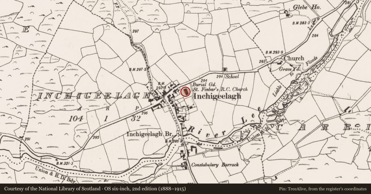 Ordnance Survey six-inch map, 2nd edition (1888–1915) covering the location of Church, Carrigleigh (Muskerry West By., Inchigeelagh Par.), County Cork, with a pin at the register's coordinates
