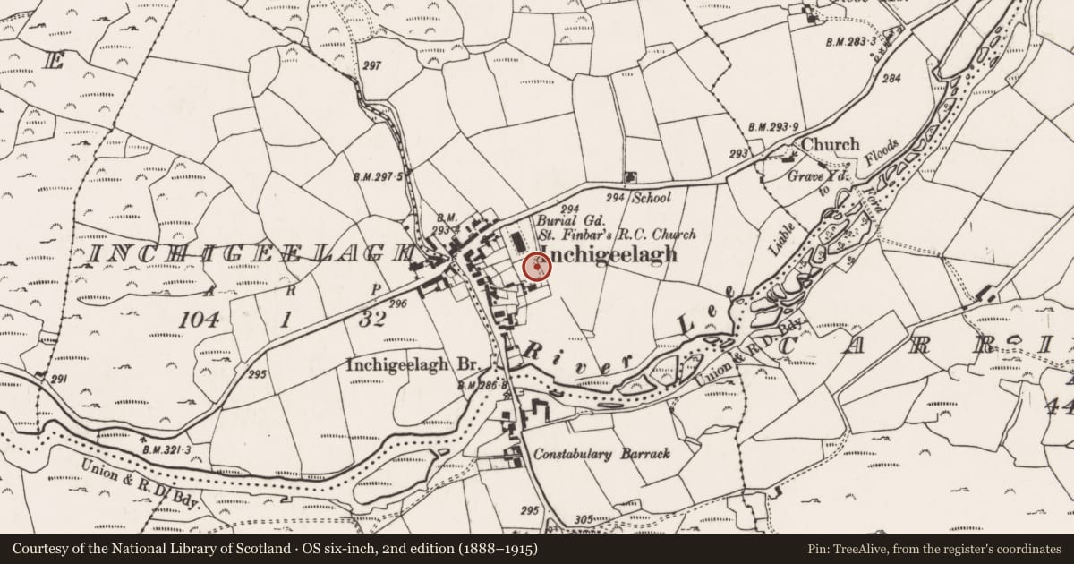 Ordnance Survey six-inch map, 2nd edition (1888–1915) covering the location of Standing stone, Carrigleigh (Muskerry West By., Inchigeelagh Par.), County Cork, with a pin at the register's coordinates