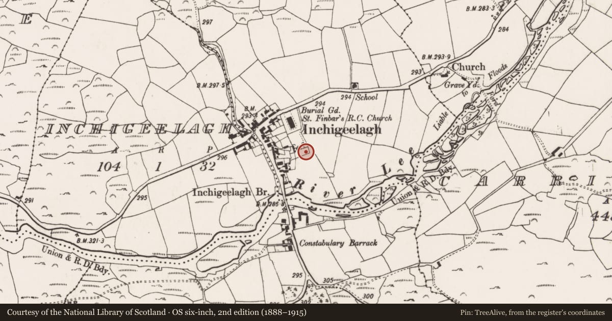Ordnance Survey six-inch map, 2nd edition (1888–1915) covering the location of Barracks, Carrigleigh (Muskerry West By., Inchigeelagh Par.), County Cork, with a pin at the register's coordinates