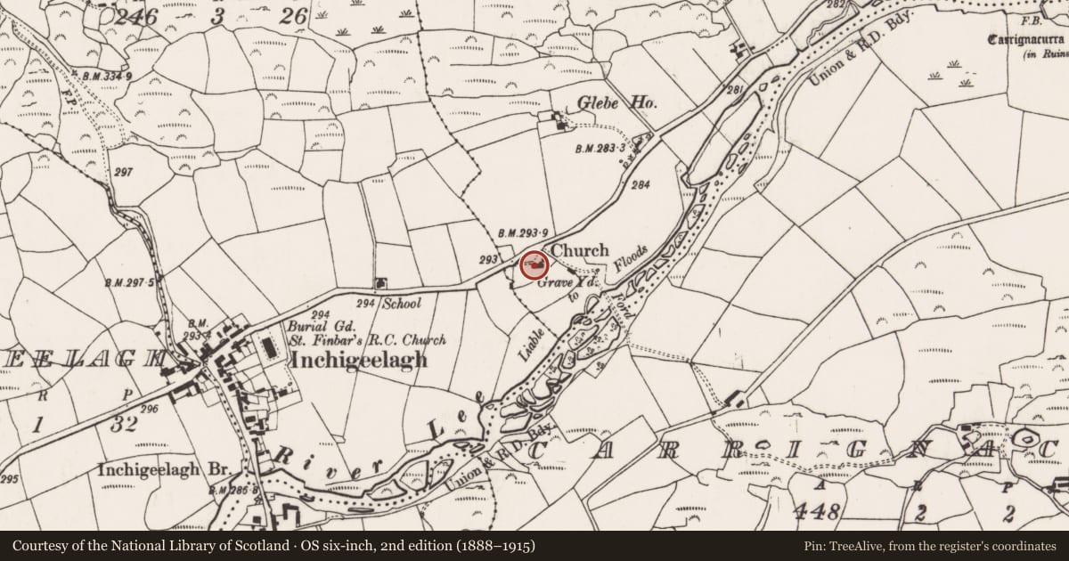 Ordnance Survey six-inch map, 2nd edition (1888–1915) covering the location of Graveyard, Glebe (Muskerry West By., Inchigeelagh Par.), County Cork, with a pin at the register's coordinates
