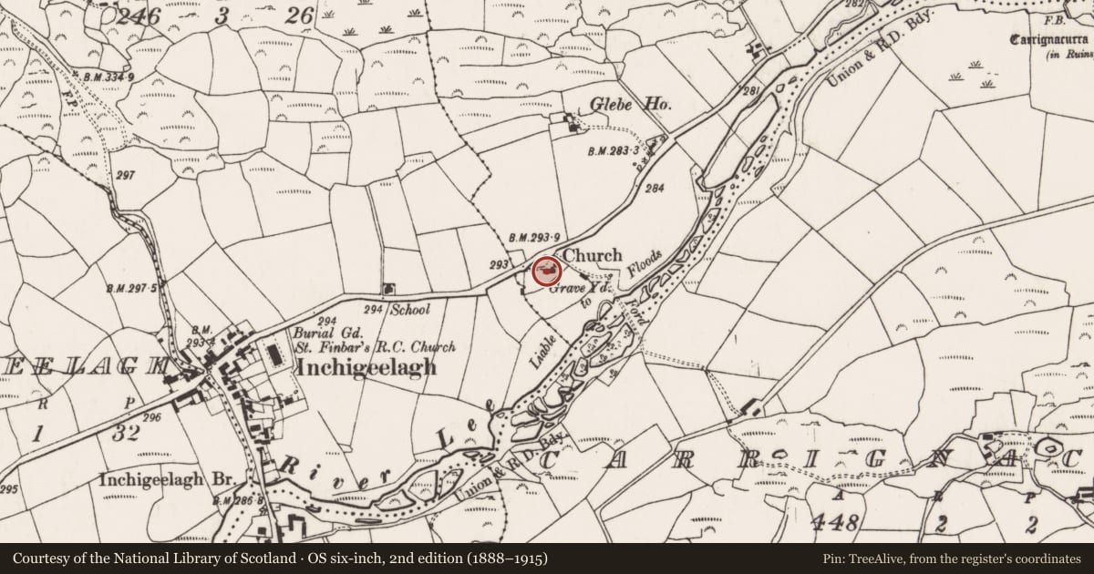 Ordnance Survey six-inch map, 2nd edition (1888–1915) covering the location of Church, Glebe (Muskerry West By., Inchigeelagh Par.), County Cork, with a pin at the register's coordinates