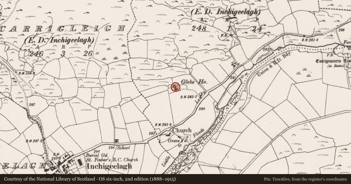 Ordnance Survey six-inch map, 2nd edition (1888–1915) covering the location of Country house, Glebe (Muskerry West By., Inchigeelagh Par.), County Cork, with a pin at the register's coordinates