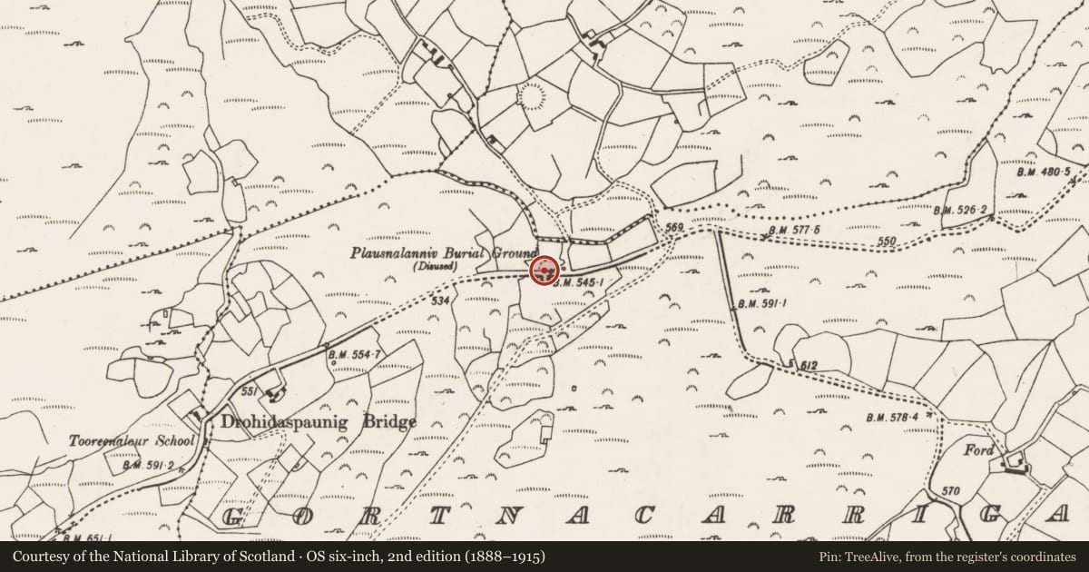 Ordnance Survey six-inch map, 2nd edition (1888–1915) covering the location of Burial ground, Gortnacarriga, County Cork, with a pin at the register's coordinates