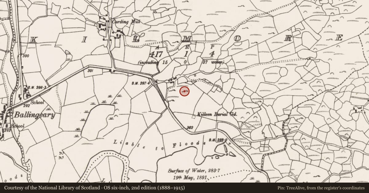 Ordnance Survey six-inch map, 2nd edition (1888–1915) covering the location of Mass-rock, Kilmore, County Cork, with a pin at the register's coordinates