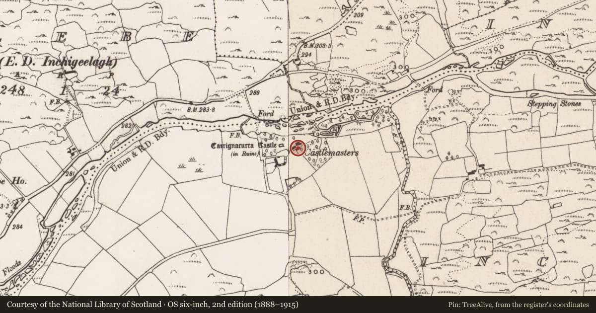 Ordnance Survey six-inch map, 2nd edition (1888–1915) covering the location of Country house, Carrignacurra, County Cork, with a pin at the register's coordinates