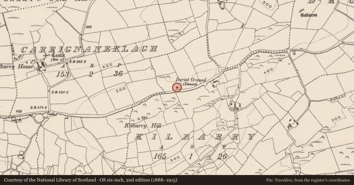 Ordnance Survey six-inch map, 2nd edition (1888–1915) covering the location of Graveyard, Kilbarry (Muskerry West By., Inchigeelagh Par.), County Cork, with a pin at the register's coordinates