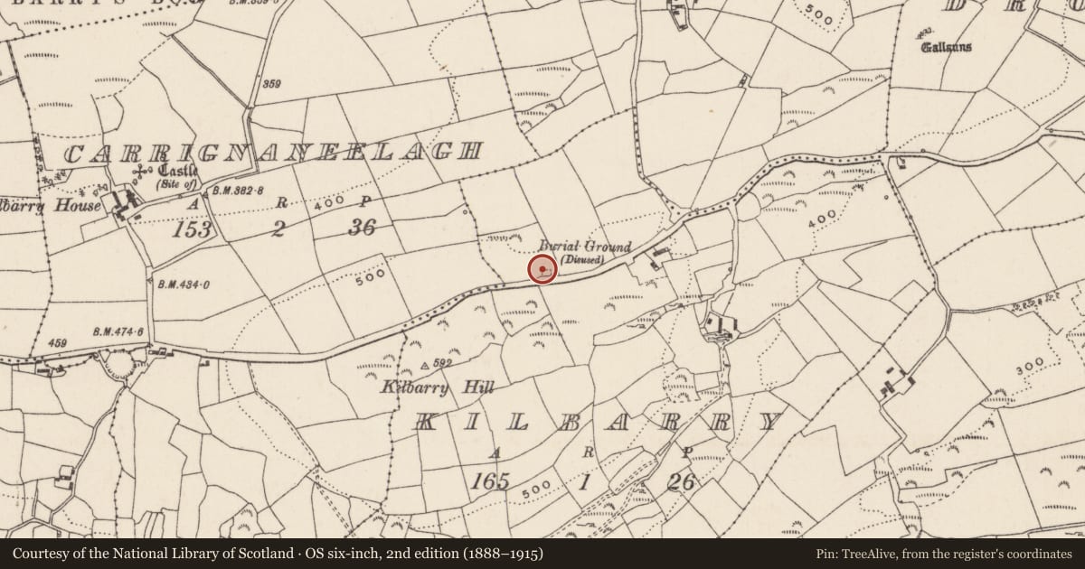Ordnance Survey six-inch map, 2nd edition (1888–1915) covering the location of Church, Kilbarry (Muskerry West By., Inchigeelagh Par.), County Cork, with a pin at the register's coordinates