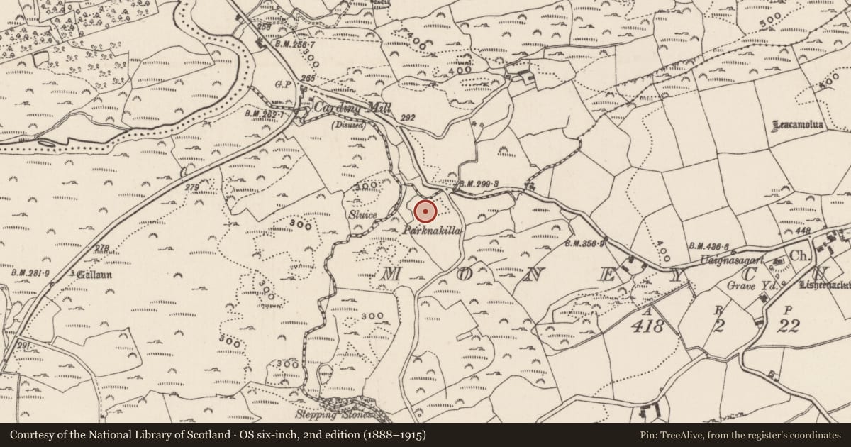 Ordnance Survey six-inch map, 2nd edition (1888–1915) covering the location of Church, Moneycusker, County Cork, with a pin at the register's coordinates