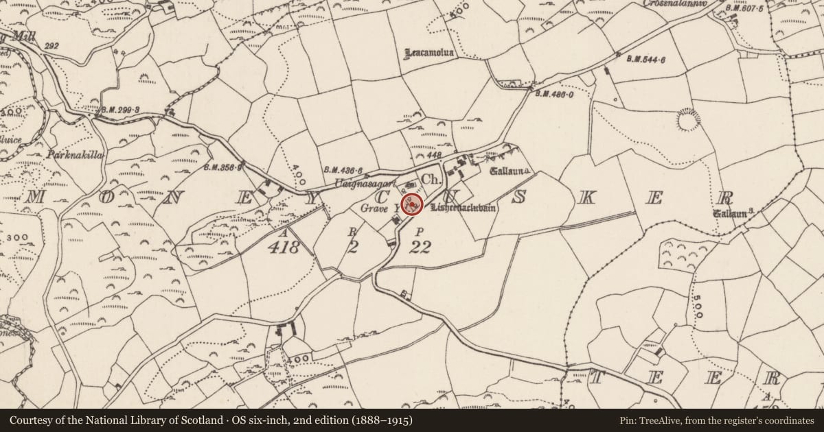 Ordnance Survey six-inch map, 2nd edition (1888–1915) covering the location of Ringfort - rath, Moneycusker, County Cork, with a pin at the register's coordinates