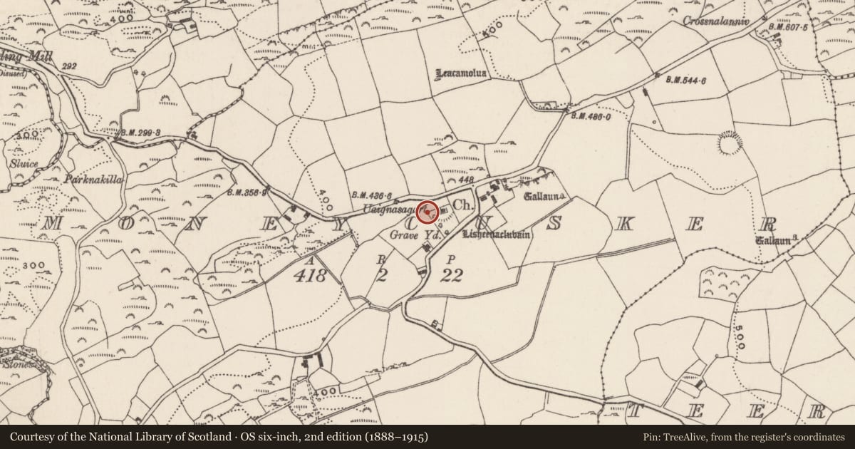 Ordnance Survey six-inch map, 2nd edition (1888–1915) covering the location of Ritual site - holy well, Moneycusker, County Cork, with a pin at the register's coordinates