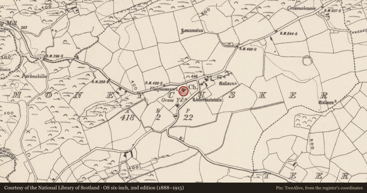Ordnance Survey six-inch map, 2nd edition (1888–1915) covering the location of Church, Moneycusker, County Cork, with a pin at the register's coordinates