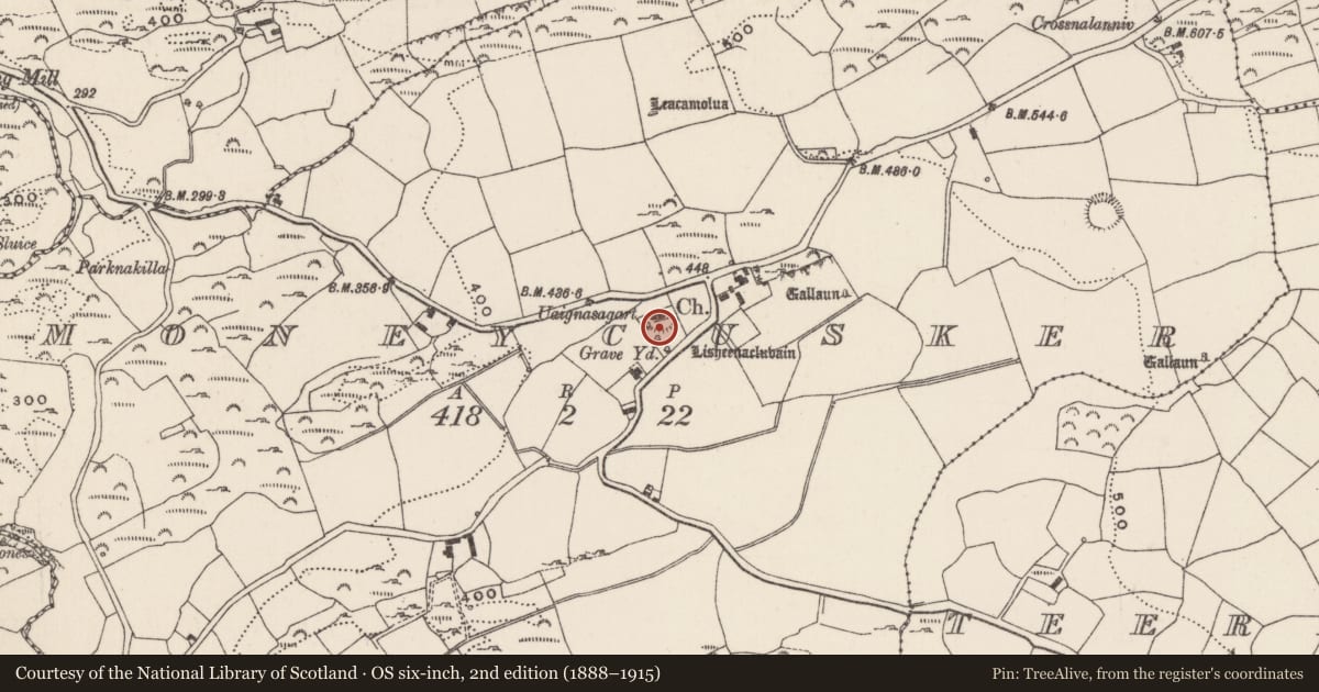 Ordnance Survey six-inch map, 2nd edition (1888–1915) covering the location of Church, Moneycusker, County Cork, with a pin at the register's coordinates