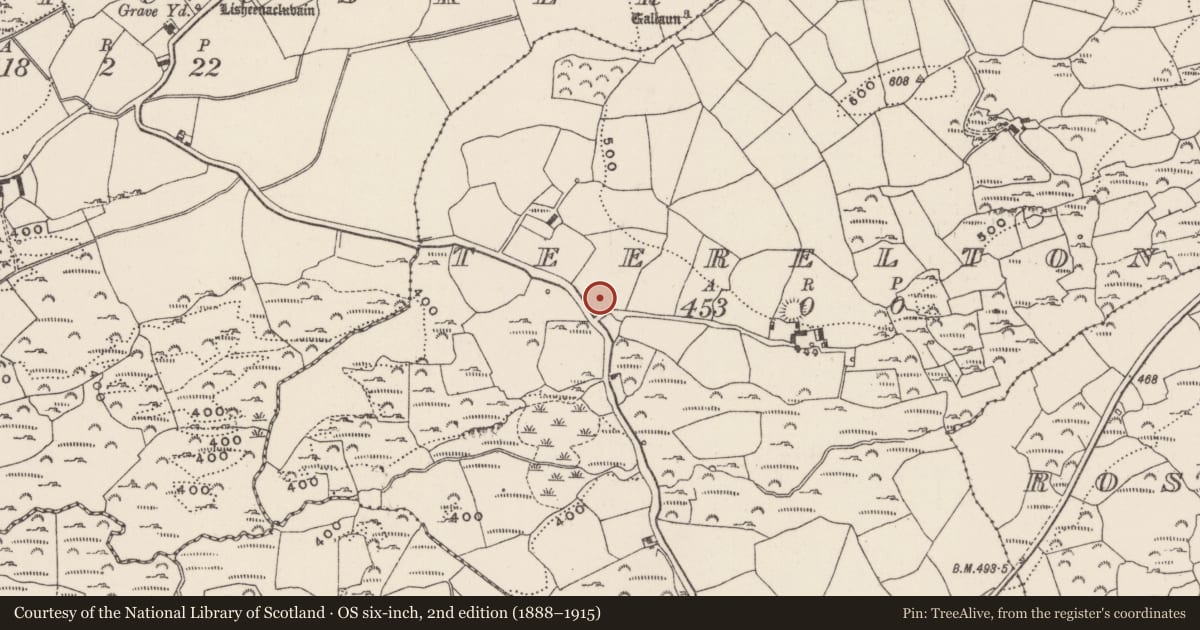 Ordnance Survey six-inch map, 2nd edition (1888–1915) covering the location of Ringfort - rath, Teerelton, County Cork, with a pin at the register's coordinates