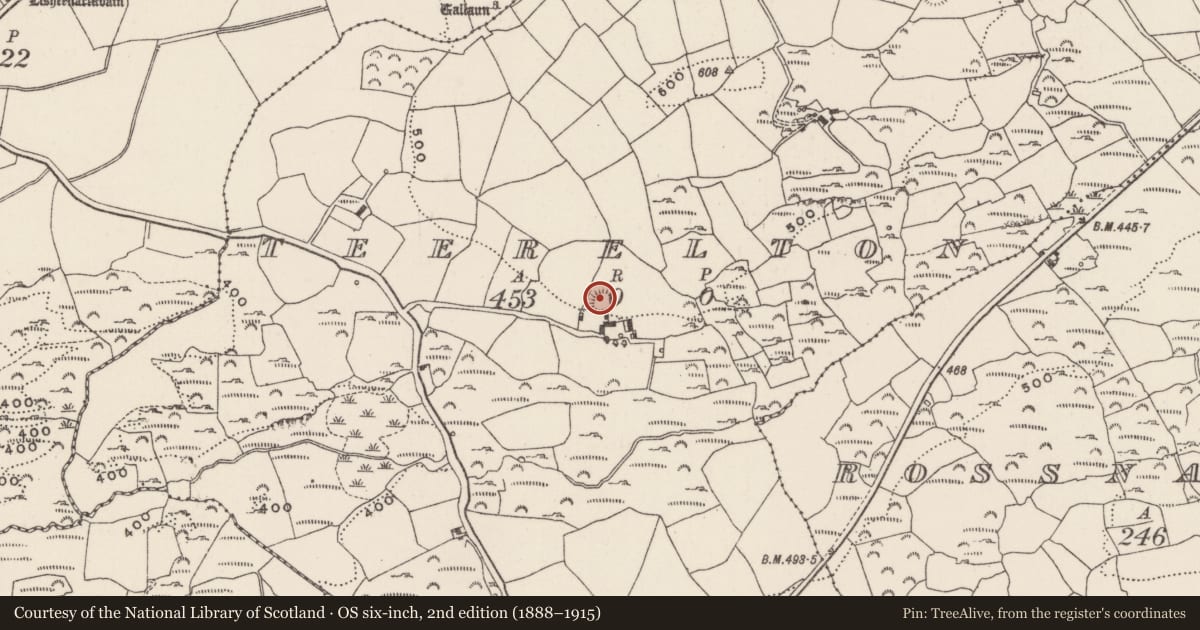 Ordnance Survey six-inch map, 2nd edition (1888–1915) covering the location of Ringfort - rath, Teerelton, County Cork, with a pin at the register's coordinates