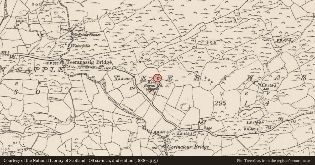 Ordnance Survey six-inch map, 2nd edition (1888–1915) covering the location of Burial ground, Teeranassig, County Cork, with a pin at the register's coordinates