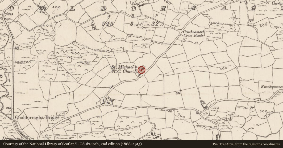Ordnance Survey six-inch map, 2nd edition (1888–1915) covering the location of Church, Cooldorragha, County Cork, with a pin at the register's coordinates
