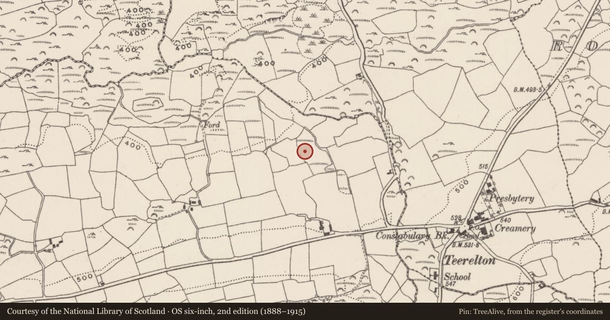 Ordnance Survey six-inch map, 2nd edition (1888–1915) covering the location of Ringfort - rath, Deshure, County Cork, with a pin at the register's coordinates