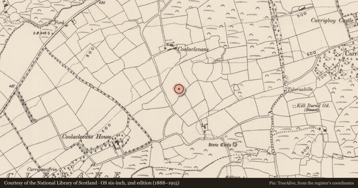 Ordnance Survey six-inch map, 2nd edition (1888–1915) covering the location of Ringfort - rath, Coolaclevane, County Cork, with a pin at the register's coordinates