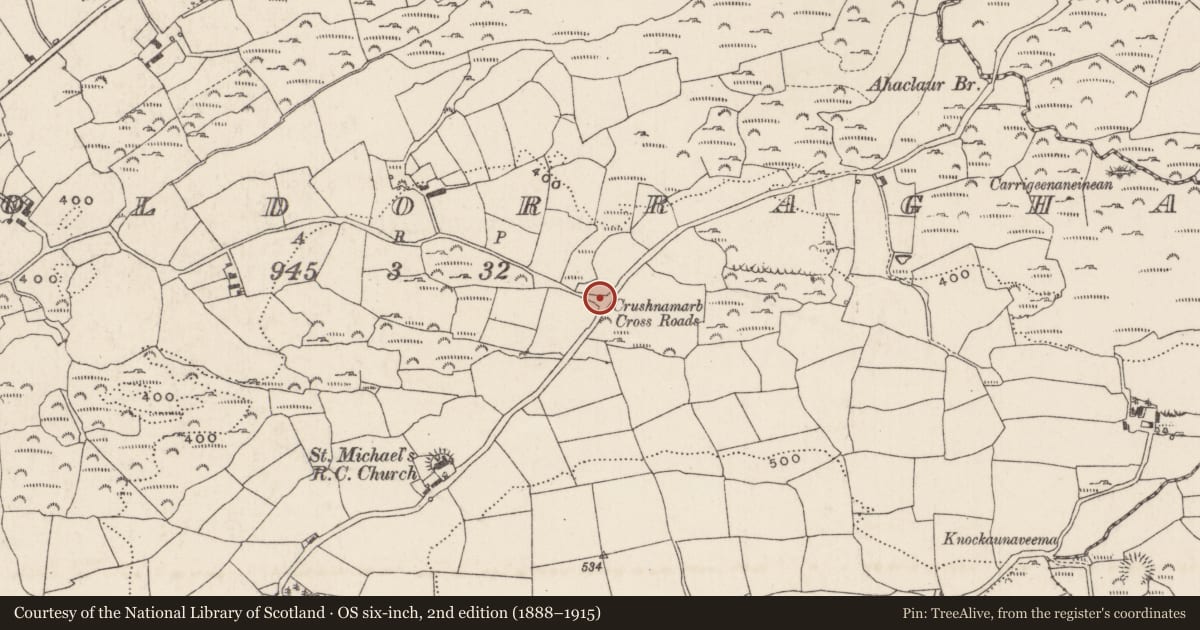 Ordnance Survey six-inch map, 2nd edition (1888–1915) covering the location of Burial ground, Cooldorragha, County Cork, with a pin at the register's coordinates