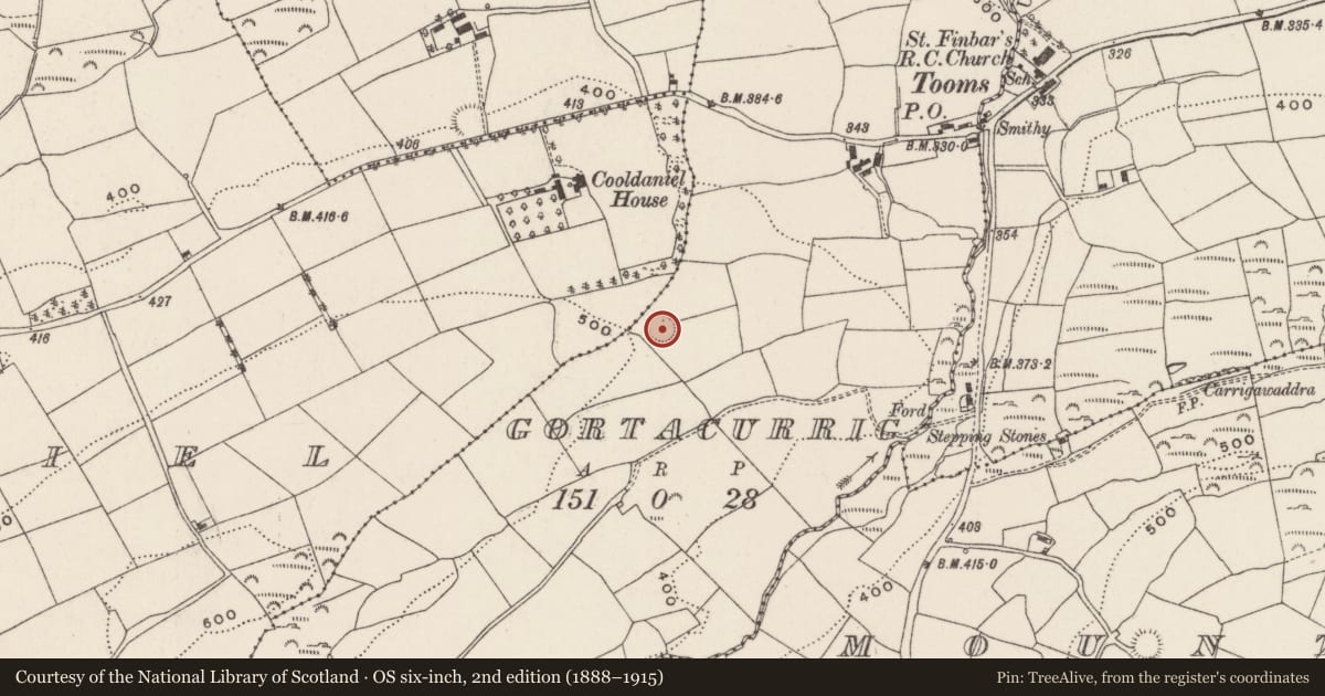 Ordnance Survey six-inch map, 2nd edition (1888–1915) covering the location of Souterrain, Gortacurrig, County Cork, with a pin at the register's coordinates
