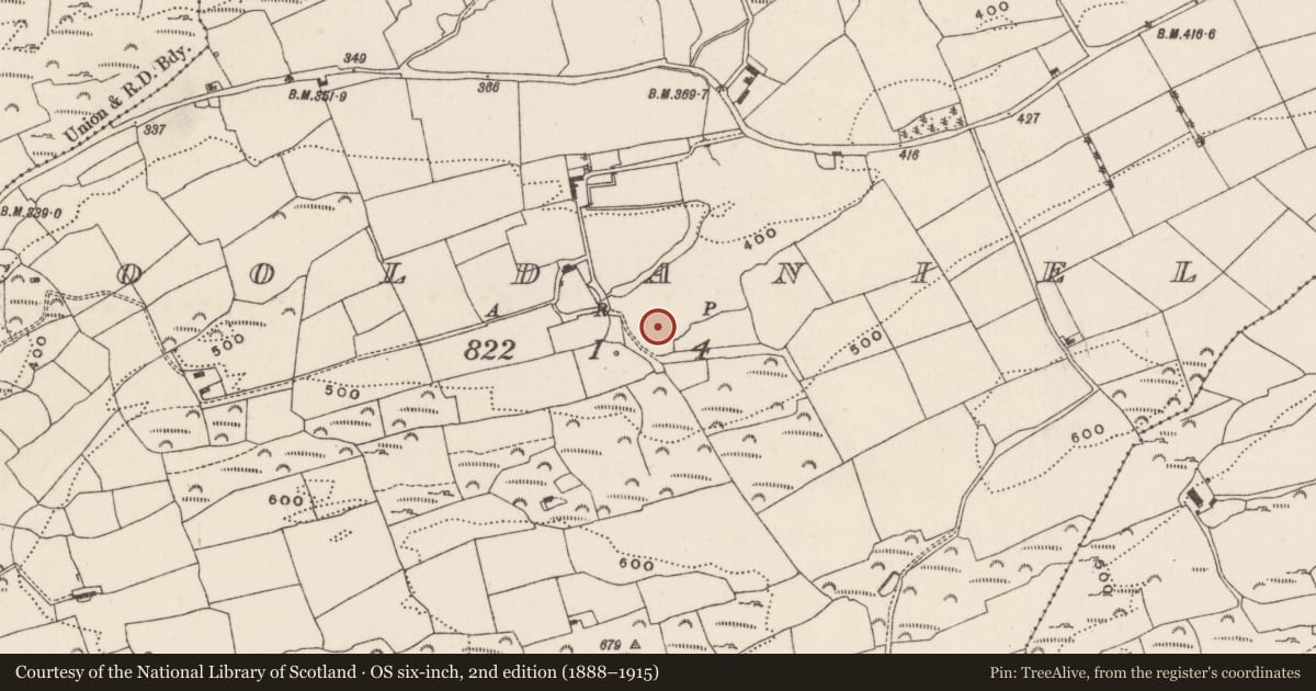 Ordnance Survey six-inch map, 2nd edition (1888–1915) covering the location of Fulacht fia, Cooldaniel, County Cork, with a pin at the register's coordinates