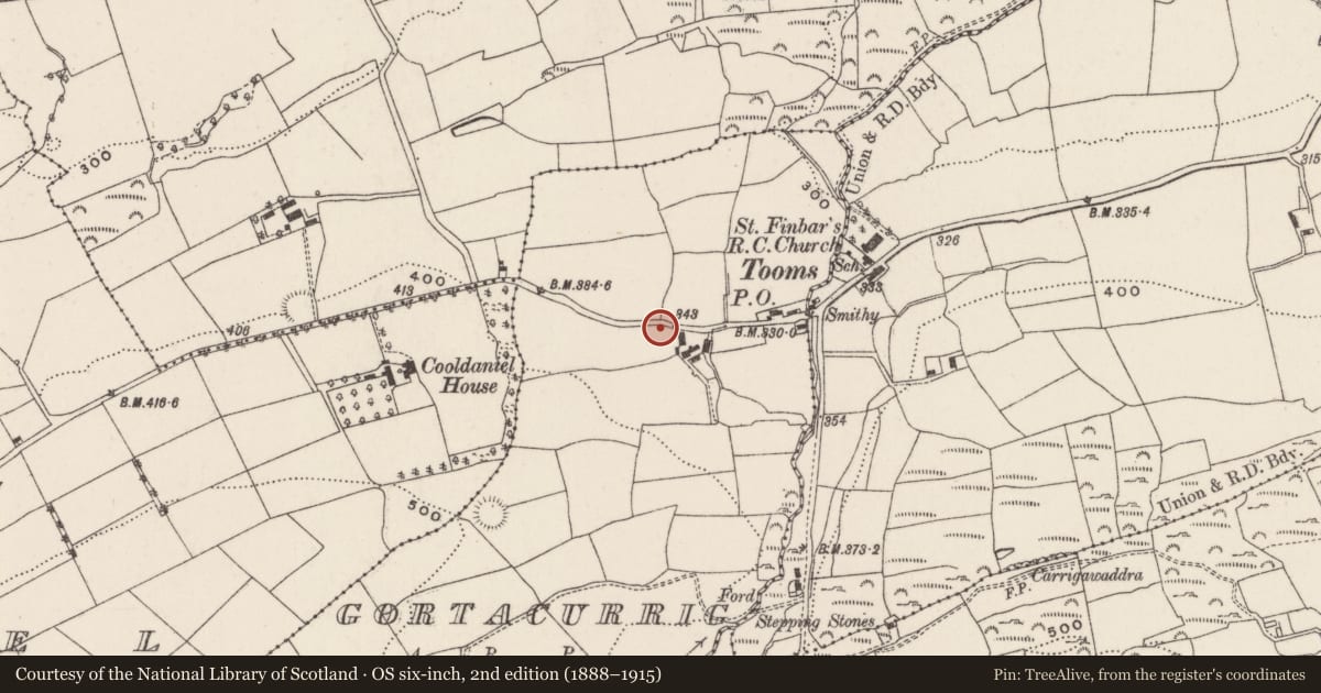 Ordnance Survey six-inch map, 2nd edition (1888–1915) covering the location of Souterrain, Gortacurrig, County Cork, with a pin at the register's coordinates