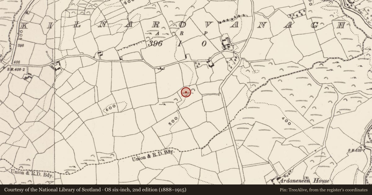 Ordnance Survey six-inch map, 2nd edition (1888–1915) covering the location of Mass-rock, Kilnarovanagh, County Cork, with a pin at the register's coordinates