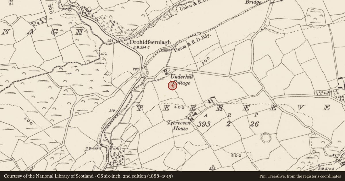 Ordnance Survey six-inch map, 2nd edition (1888–1915) covering the location of Souterrain, Teereeven, County Cork, with a pin at the register's coordinates