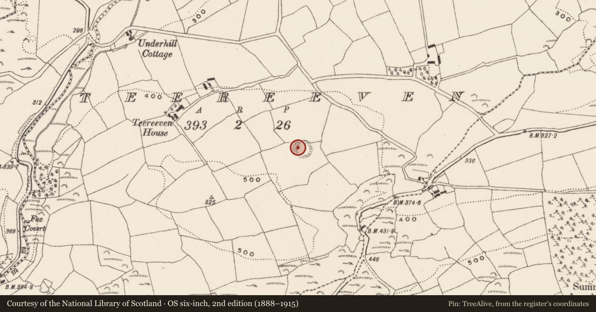 Ordnance Survey six-inch map, 2nd edition (1888–1915) covering the location of Souterrain, Teereeven, County Cork, with a pin at the register's coordinates